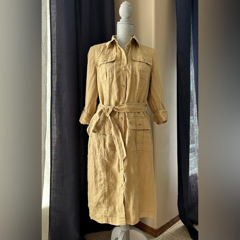 Lauren Ralph Lauren Size 8 Khaki Linen Shirt Dress Safari Style